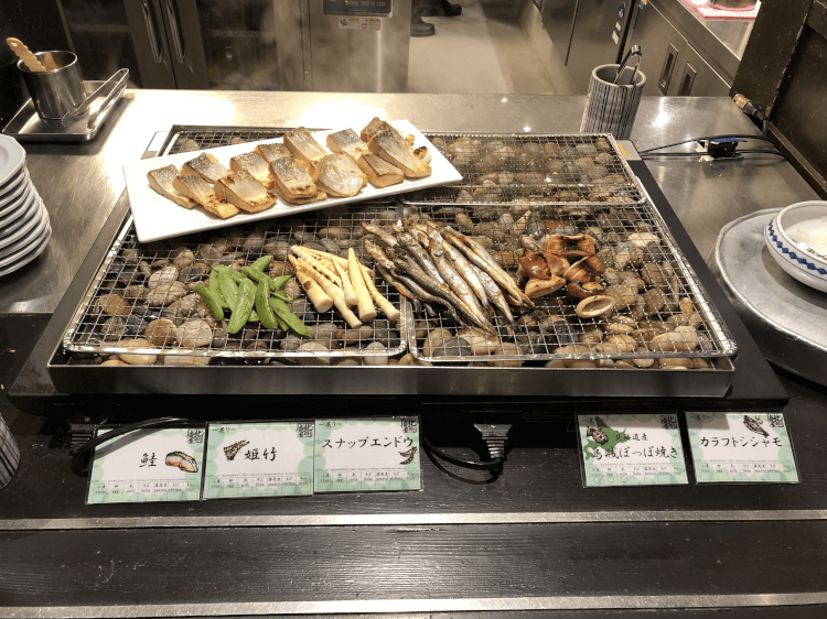 網焼きされた北海道の魚、いか、野菜＠ラビスタ函館ベイ 北の番屋