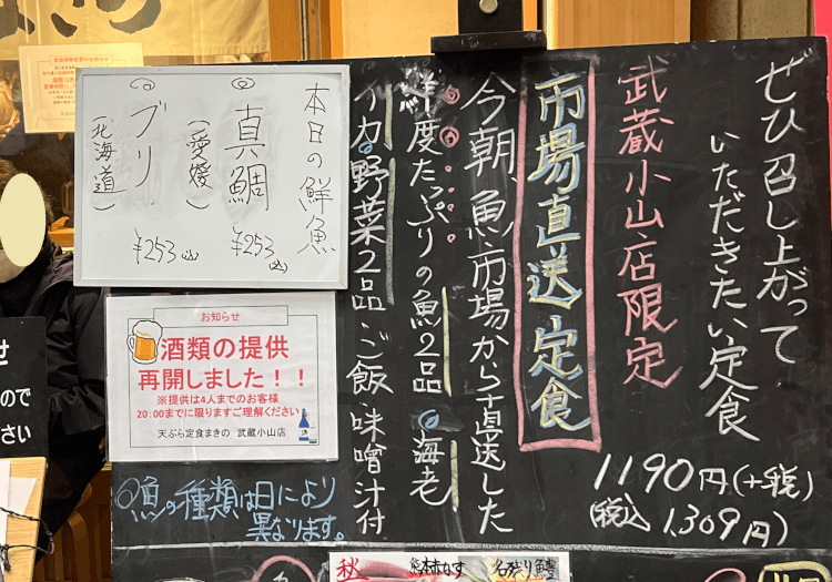 天ぷら定食 まきの この日の市場直送定食の内容